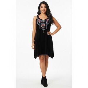 Johnny Was Black Velvet Floral Embroidered Sleeveless Mini Dress Size Small